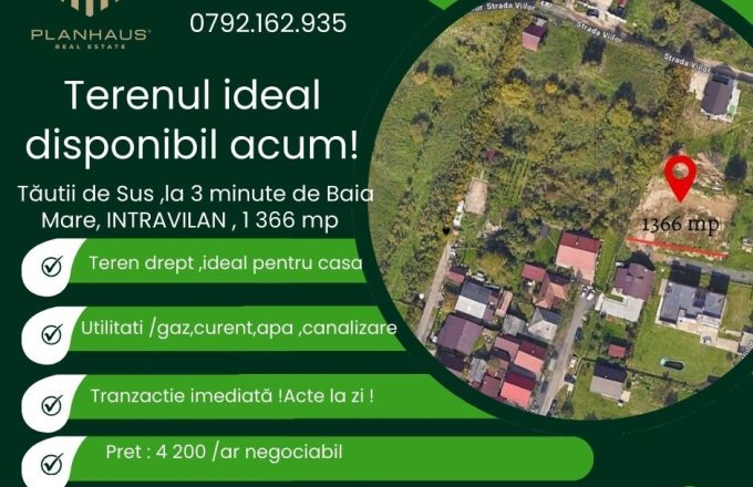 Teren intravilan ,Tautii de Sus 1366 mp ,ideal constructie cas
